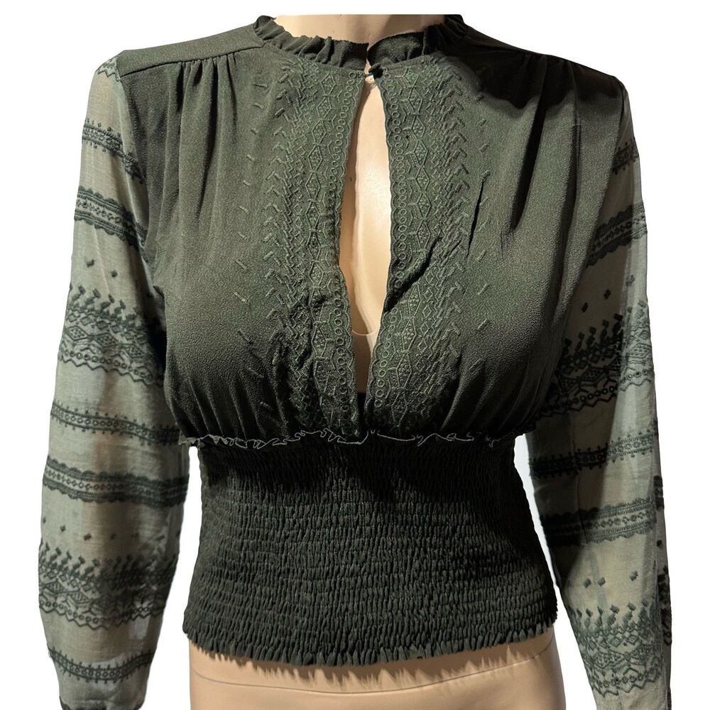 BKE Gimmicks Olive Cutout Keyhole Blouse Top Sheer Sleeve Smocked Waist XS NWT
